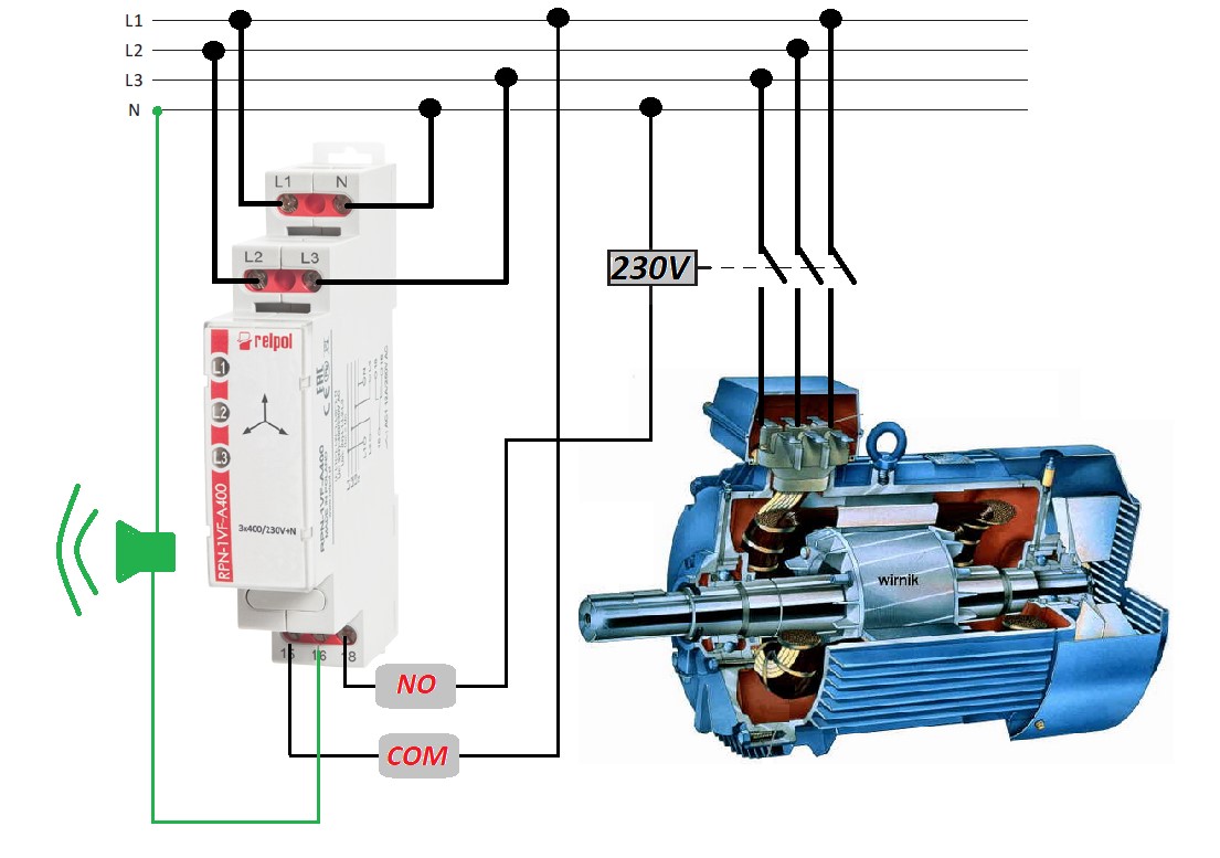Rysunek 2. Przykład zastosowania przekaźnika RPN-1VF-A400 do kontroli zaniku fazy i asymetrii napięcia.