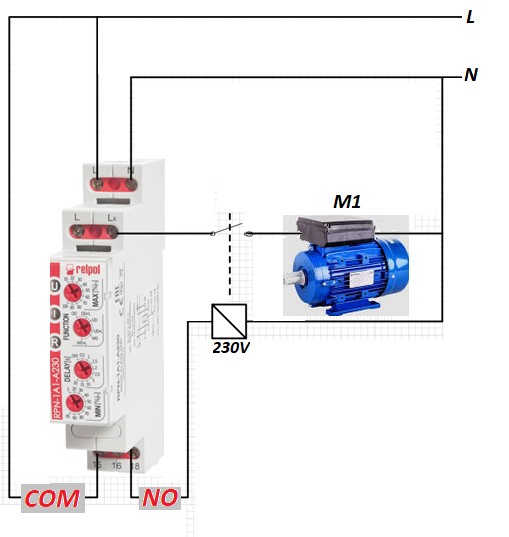 Rys. 1. Przykład zastosowania przekaźnika RPN-1A16-A230 do kontroli prądu silnika.