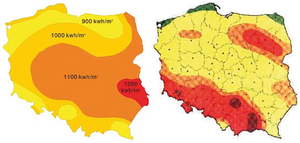 Mapa nasłonecznienia i strefy wiatrowe dla Polski