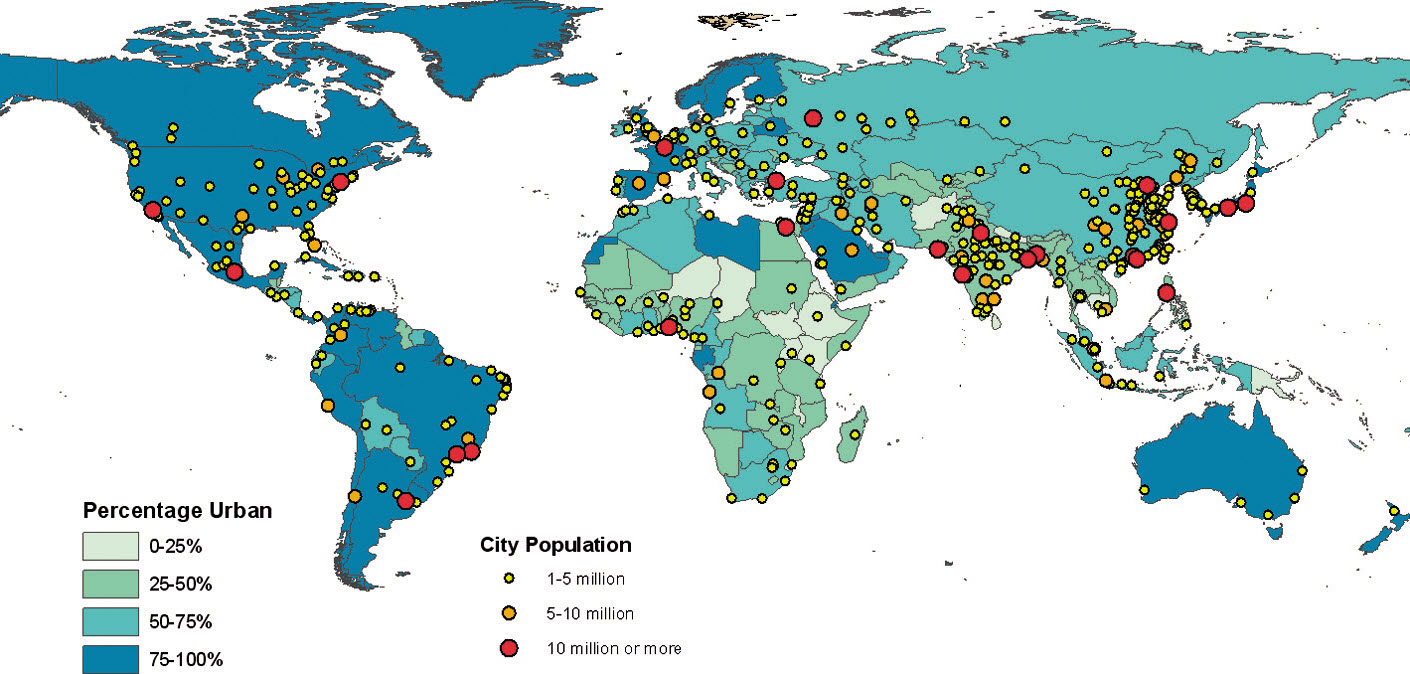 Stopień urbanizacji i wielkość zaludnienia w aglomeracjach, 2011 (Źródło: United Nations, 2012)