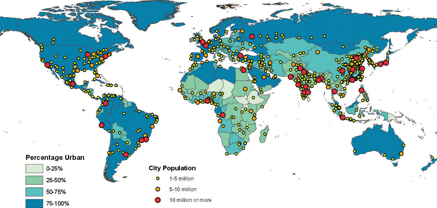 Stopień urbanizacji i wielkość zaludnienia w aglomeracjach, 2025 (Źródło: United Nations, 2012)