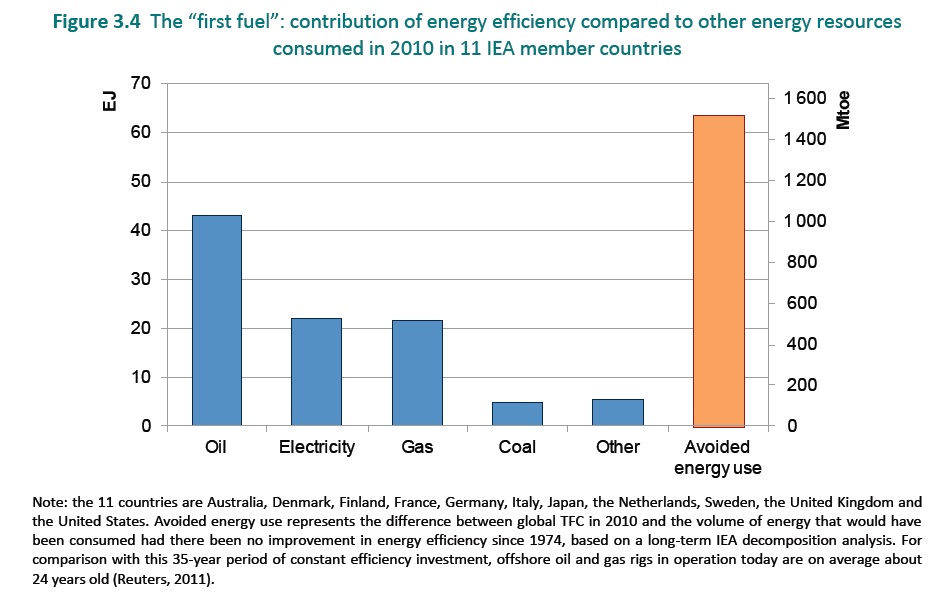 Miejsce efektywności energetycznej w porównaniu do innych źródeł energii zużytej w 2010 roku w 11 analizowanych krajach. Źródło: iea.org